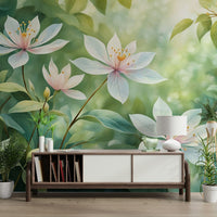 The peel and stick wallpaper showing realistic floral textures.