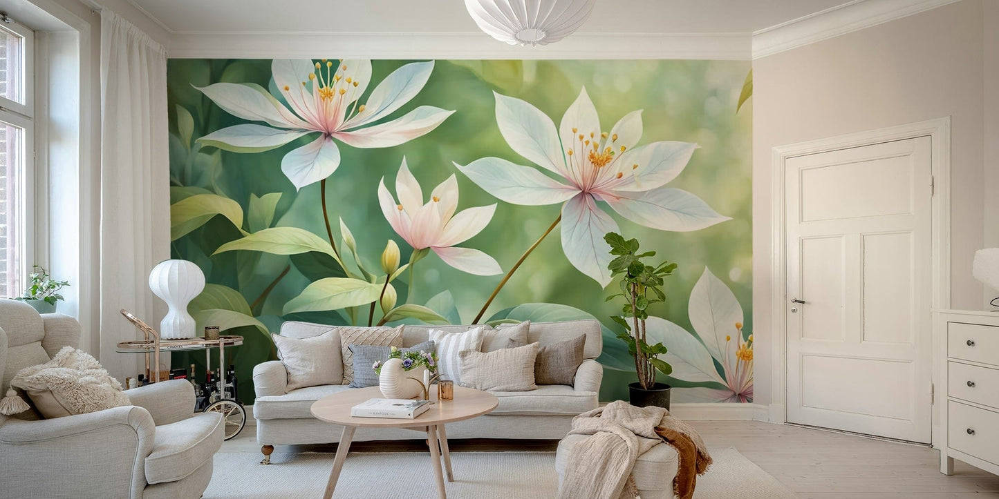 An angled shot of the mural's gentle color palette.