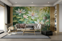 The wallpaper is used as a feature wall in a bedroom.