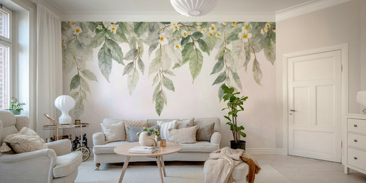 The image shows an artistic impression of a serene floral scene with a cascade of flowers.

