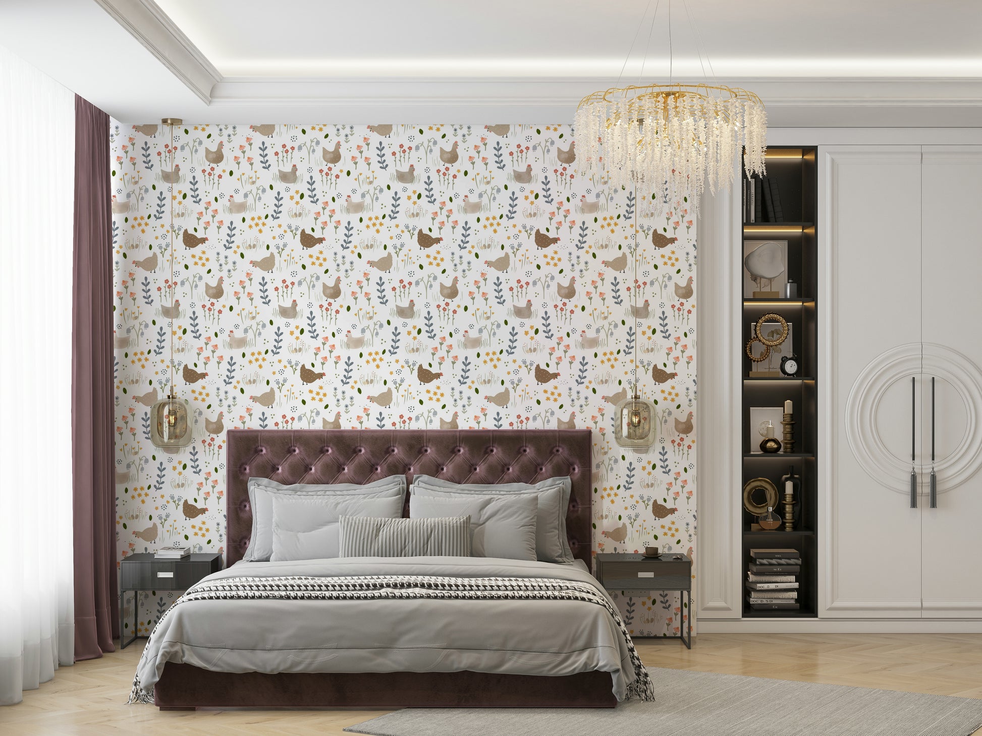 Pastel chicken garden wallpaper for nursery

