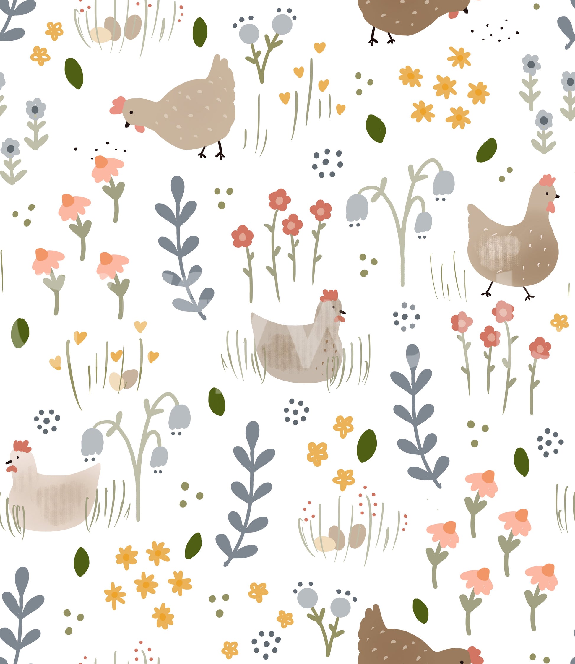 Floral Chicken wallpaper close-up showing beige hens among coral, pink and yellow wildflowers on a white background
