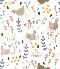 Floral Chicken wallpaper close-up showing beige hens among coral, pink and yellow wildflowers on a white background