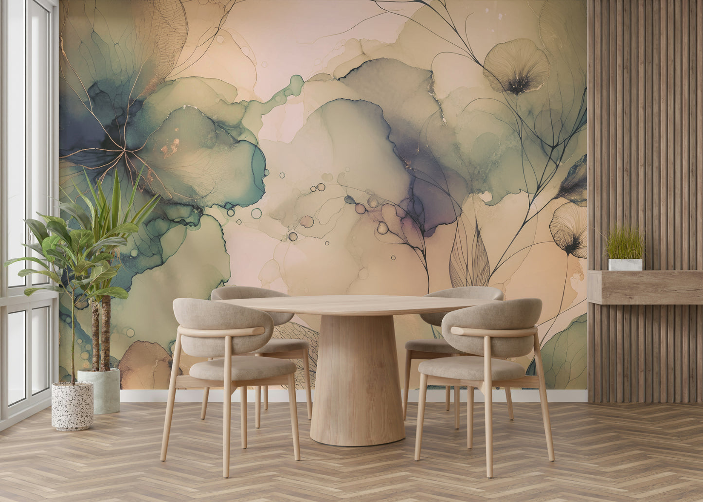 Floral Dreams Wall Mural backdrop for a vanity area.