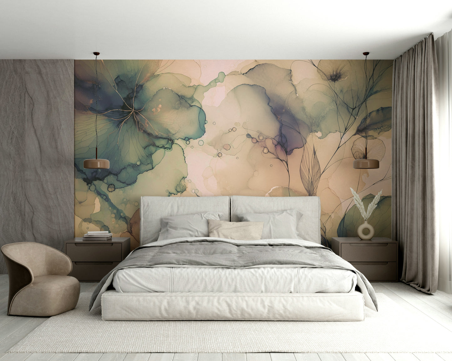 Detailed petal textures in a modern nursery design.