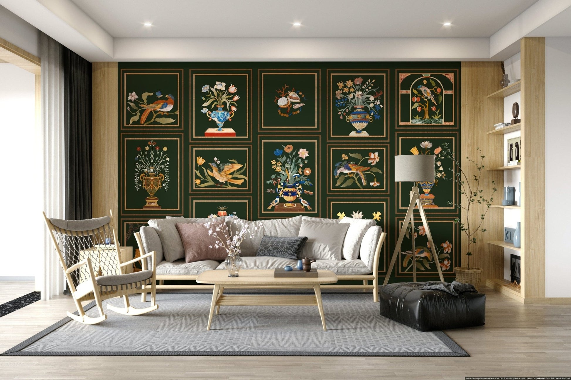 TV wall with Floral & Fauna Panels mural, panel pattern and calm colour palette