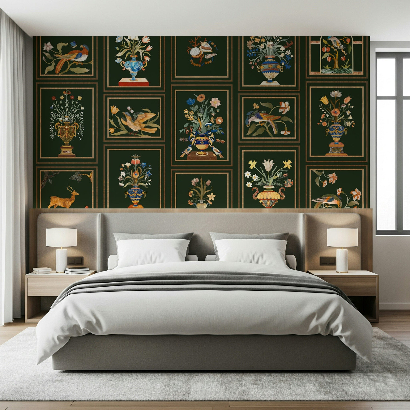 Floral & Fauna Panels Wall Mural in living space, panel-style nature home styling