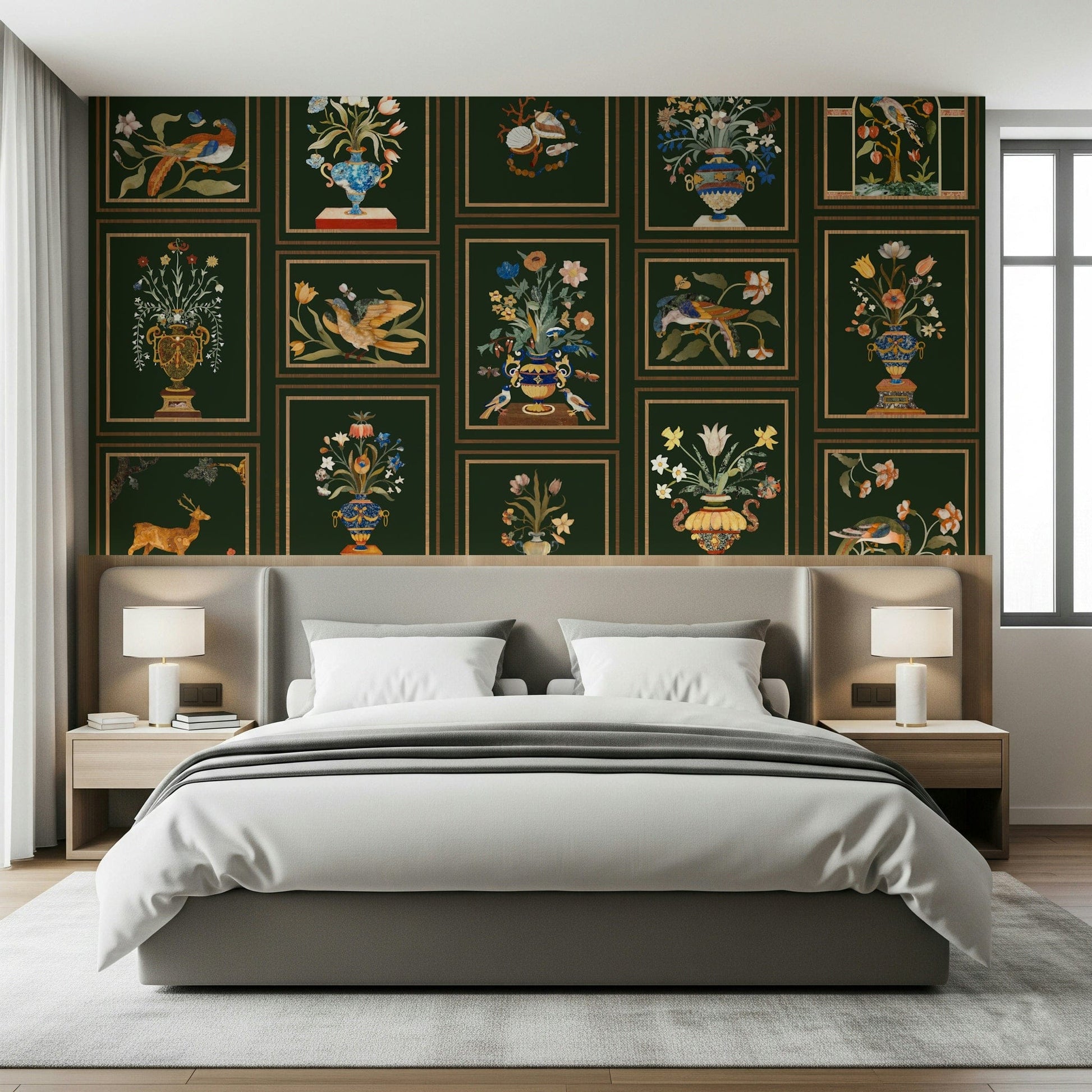 Floral & Fauna Panels Wall Mural in living space, panel-style nature home styling