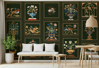 Home office wall with floral and fauna panels, structured design for modern home styling