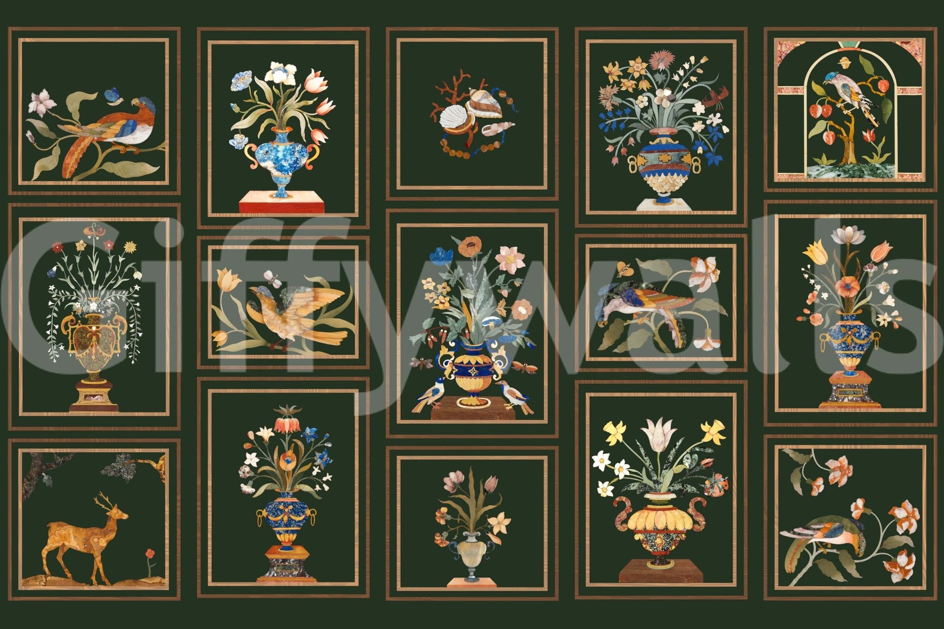 Sitting area feature wall with floral panel mural, structured wall styling and soft colours