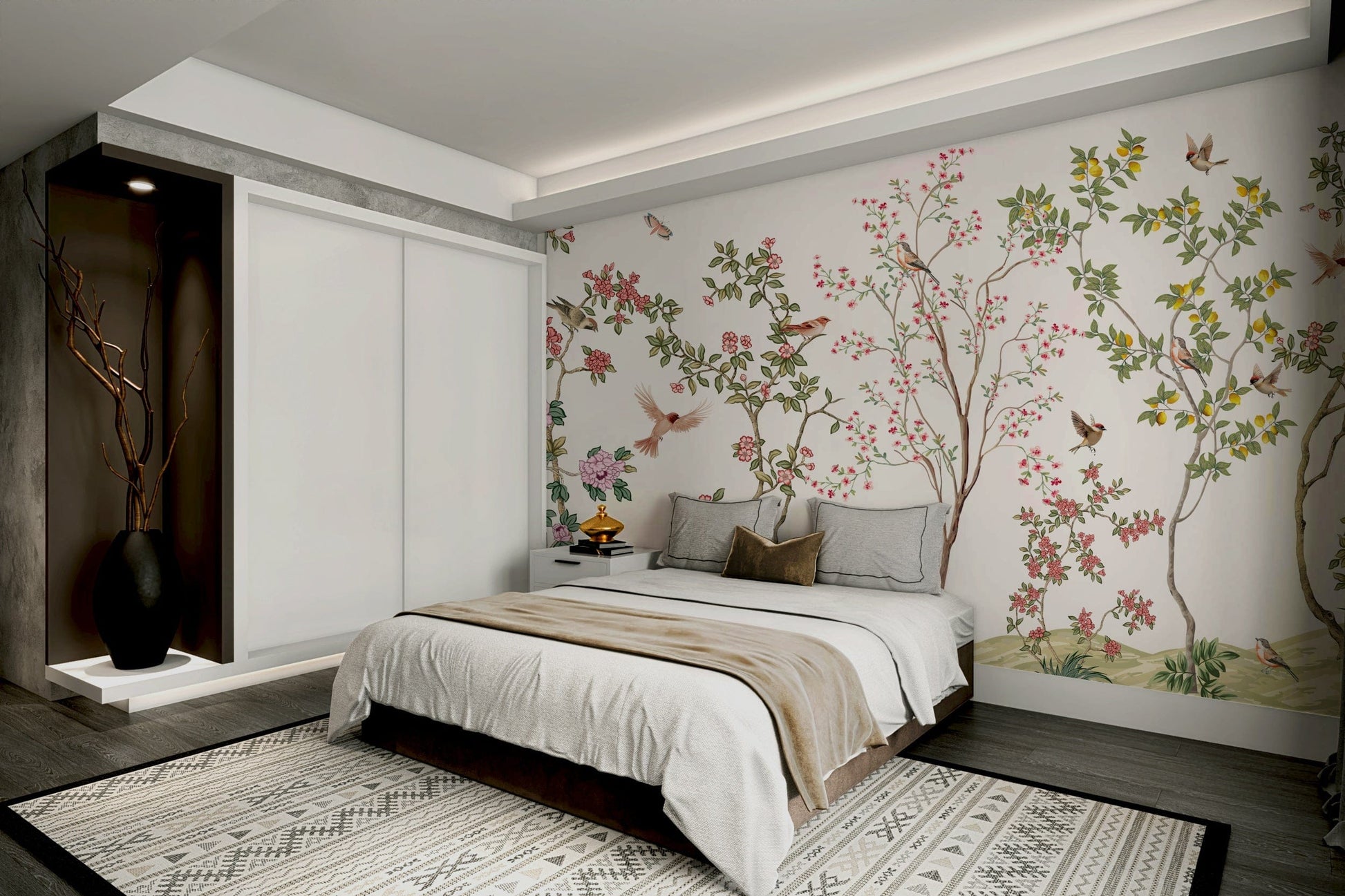 A peaceful wall mural with a design of flowers and flying birds or butterflies.

