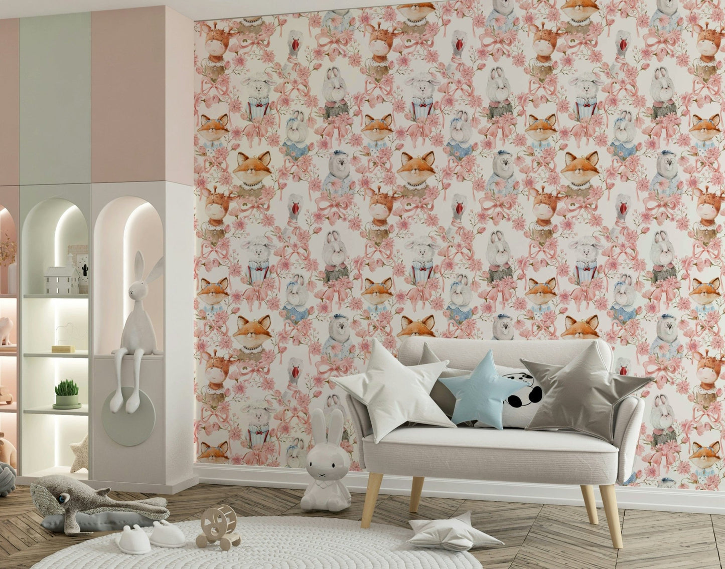 Charming sweet forest friends pattern Floral Friends removable wallpaper.