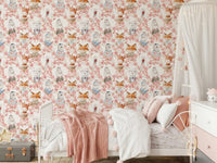 Stylish adorable animals seamless repeat Floral Friends wallpaper.