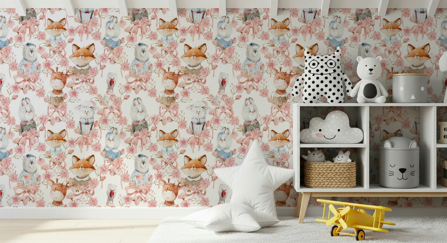 Decorative interior design children's print Floral Friends wallcovering.