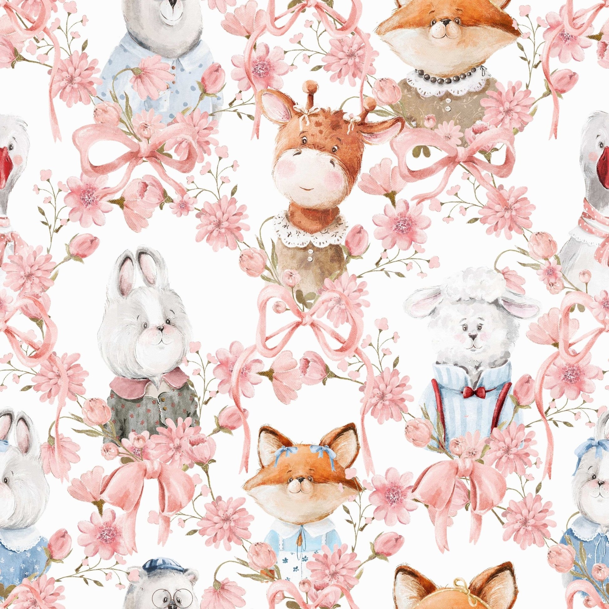 Pastel flower wreath animal character Floral Friends wallpaper design.