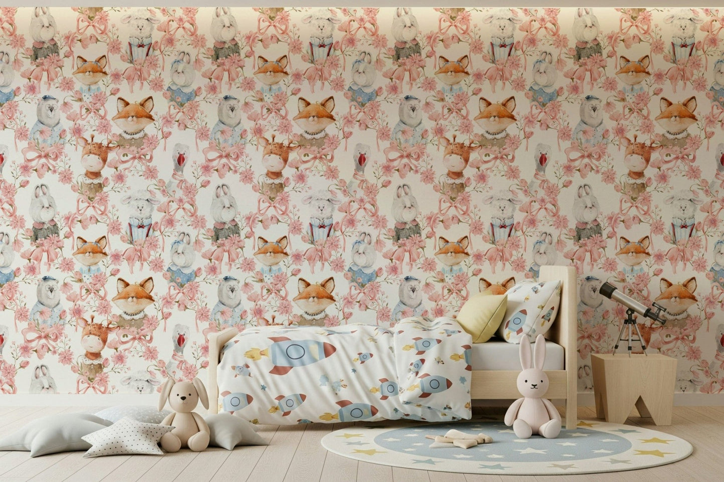 Cozy cheerful background happy creatures Floral Friends wall decoration.