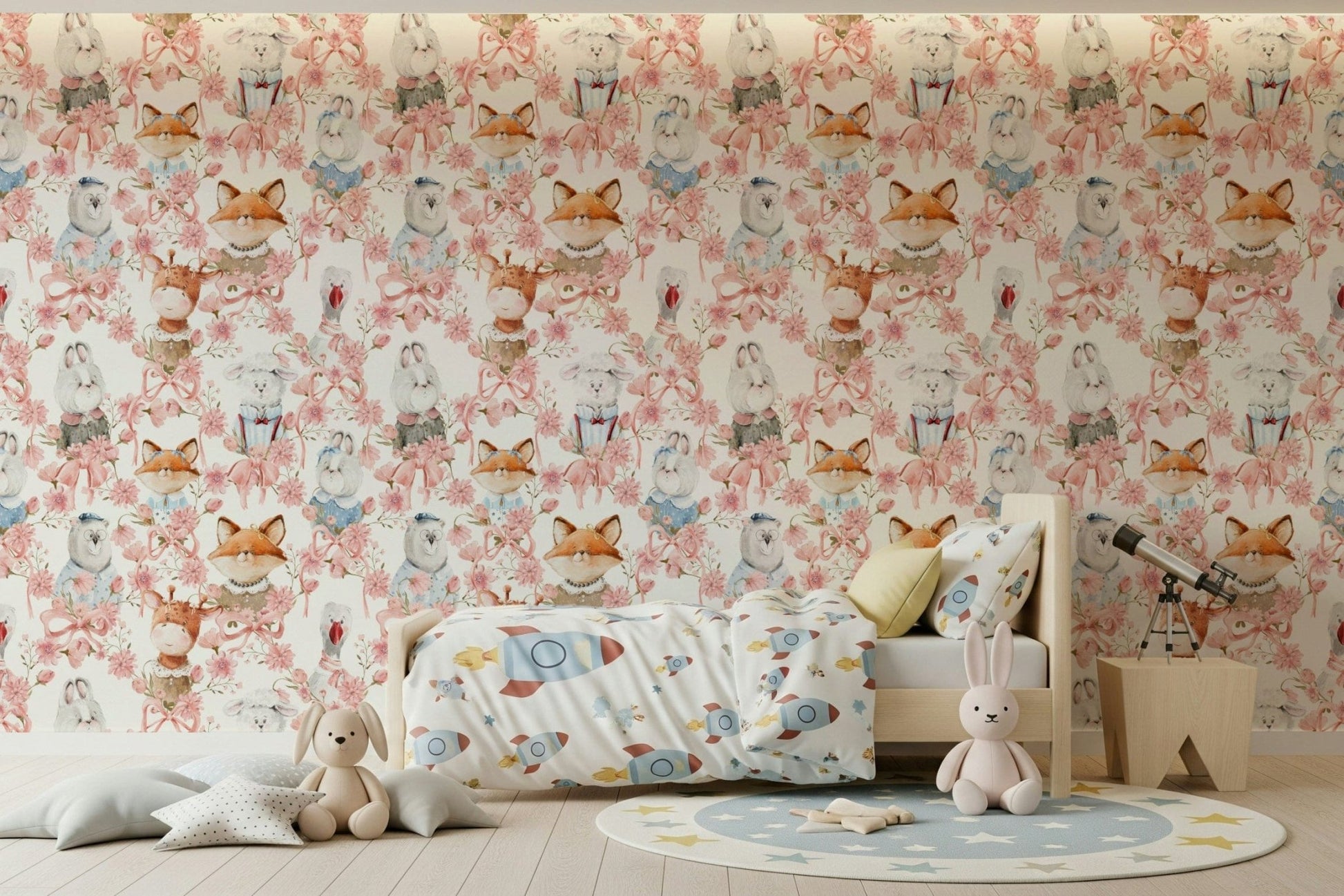 Cozy cheerful background happy creatures Floral Friends wall decoration.