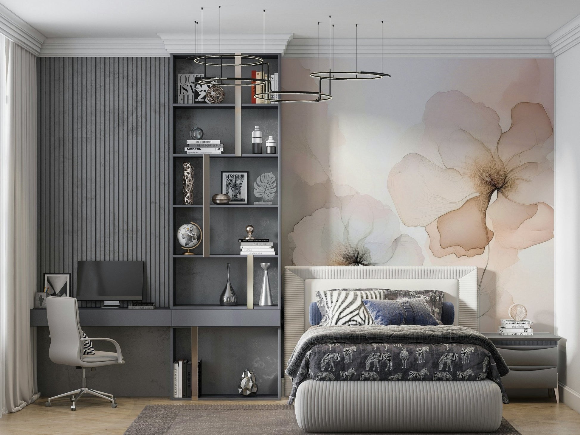 Floral Haze wall mural in soft blush and peach behind a bed with a grey desk and shelving in a modern bedroom