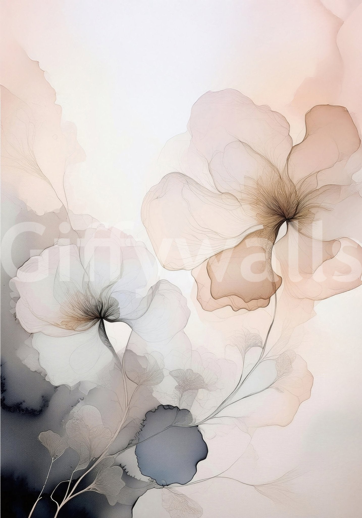Floral Haze wall mural shown as full-wall art with hazy blush pink and navy watercolour blooms on cream