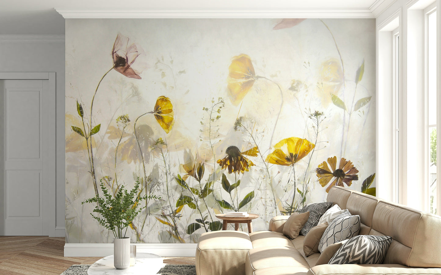 A contemplative hazy floral wallpaper mural for a feature wall.

