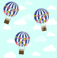 Floral Hot Air Balloons wallpaper close-up showing navy striped balloons with flower baskets on a mint sky