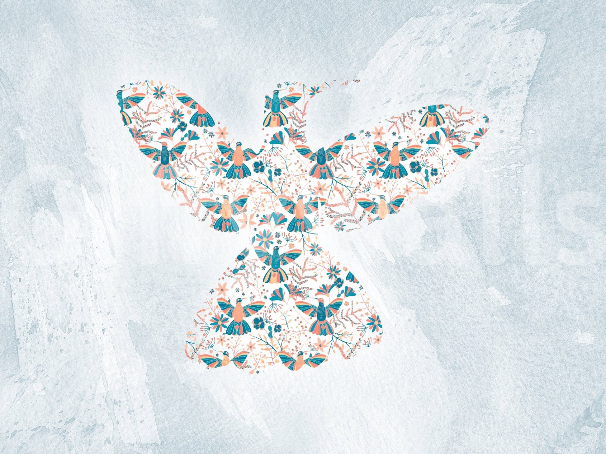 Floral Hummingbird wall mural shown as a full-wall mural, a bird shape of teal and coral blooms on pale blue