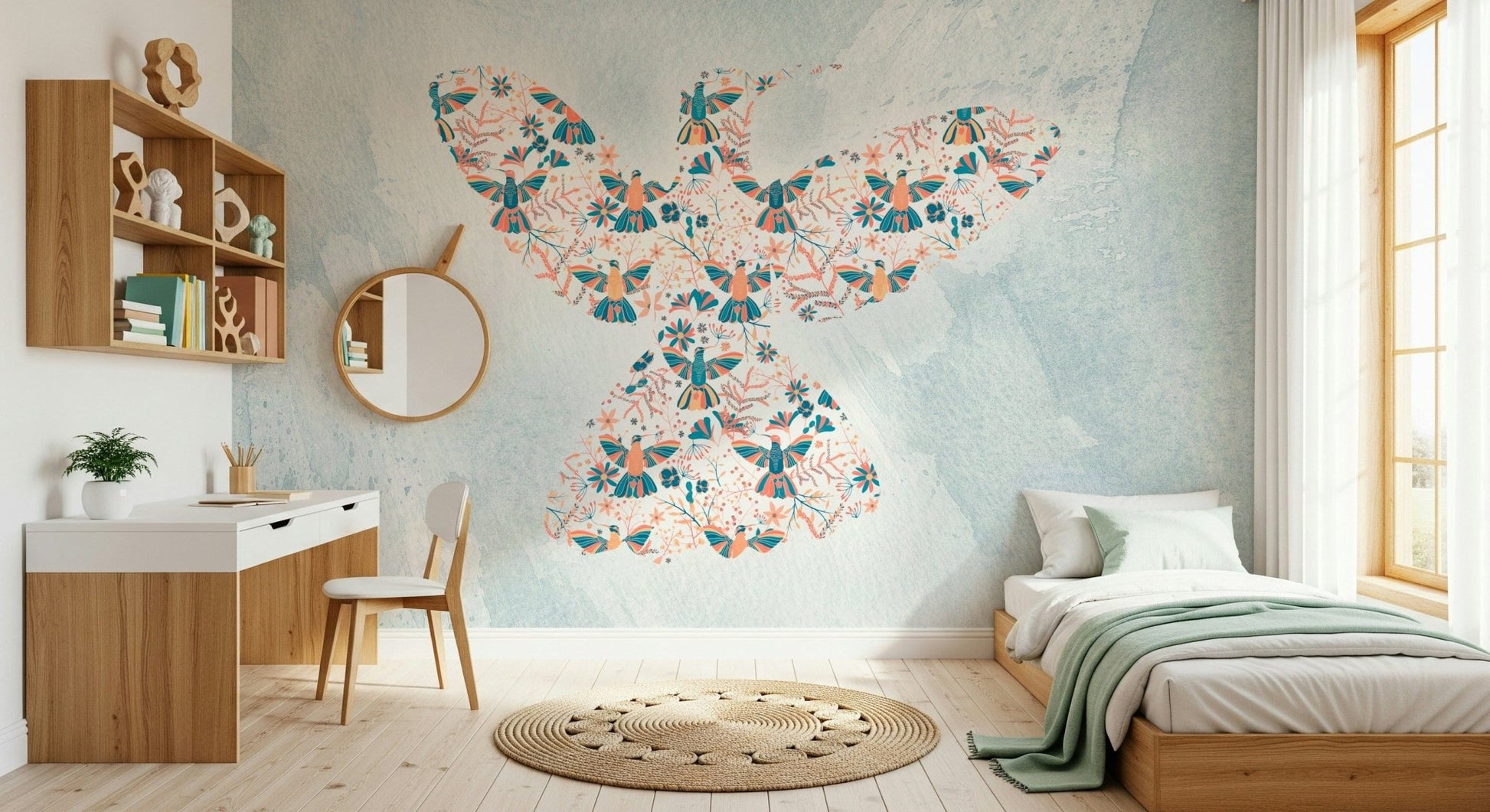 Floral Hummingbird wall mural on pale blue behind a wood desk, mirror and bed in a calm bedroom