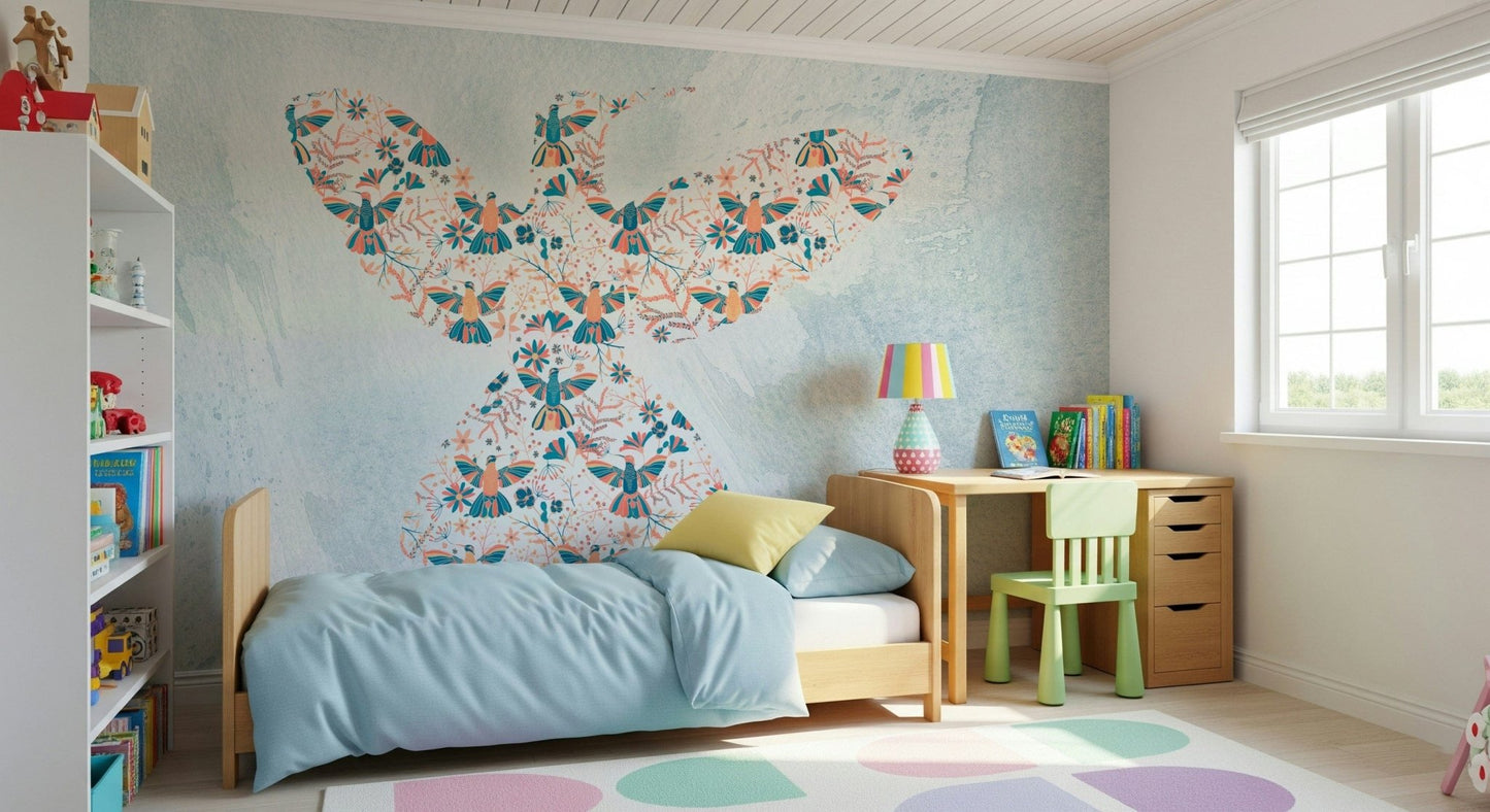 Floral Hummingbird wall mural of a bird shape on blue behind a wood bed and desk in a kids bedroom
