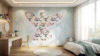 Floral Hummingbird wall mural in teal and coral on blue behind a wood bed and desk in a soft bedroom