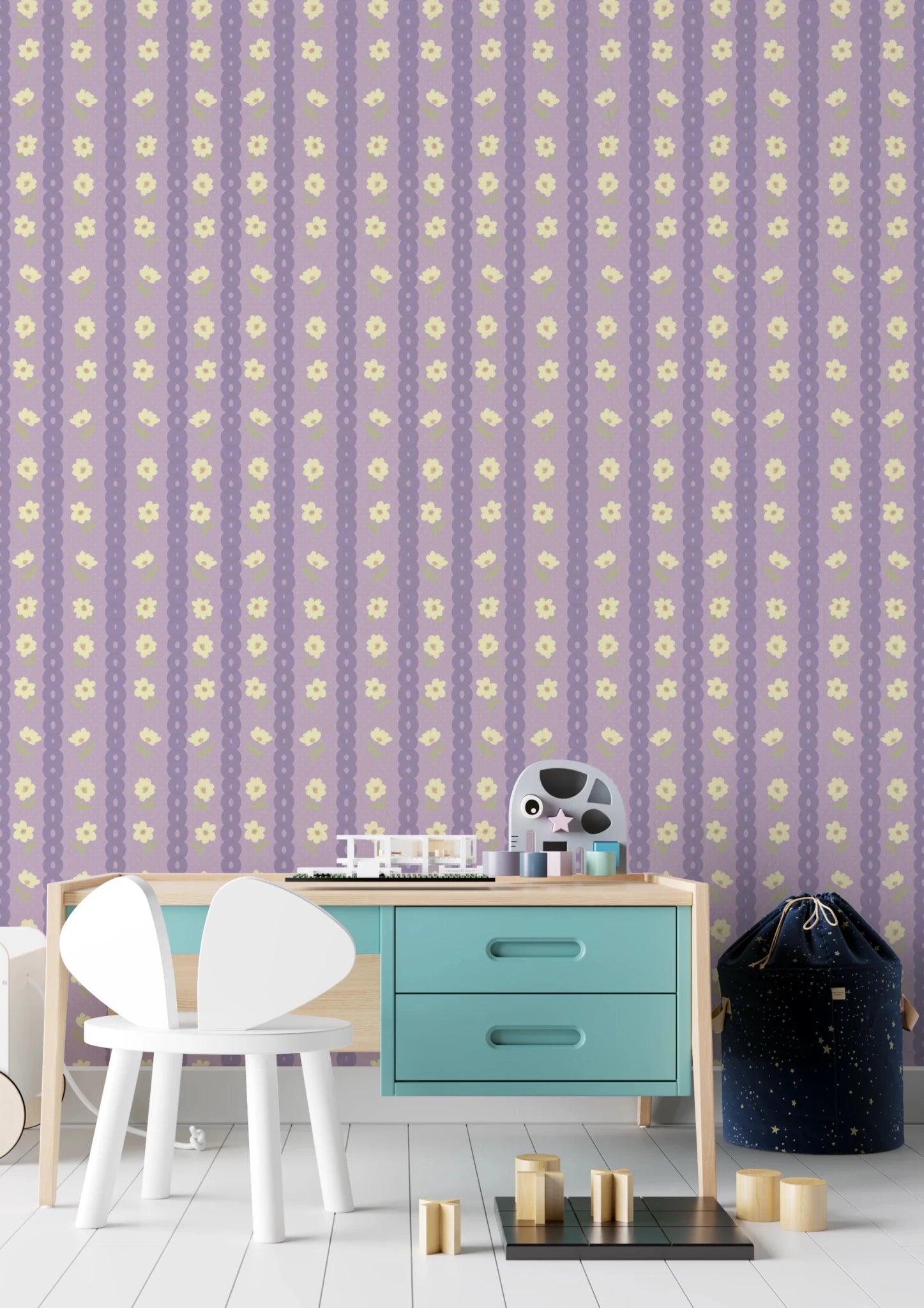 Floral Lavender Stripe wallpaper mural behind a teal desk and mouse-ear chair in a kids room, lavender and cream