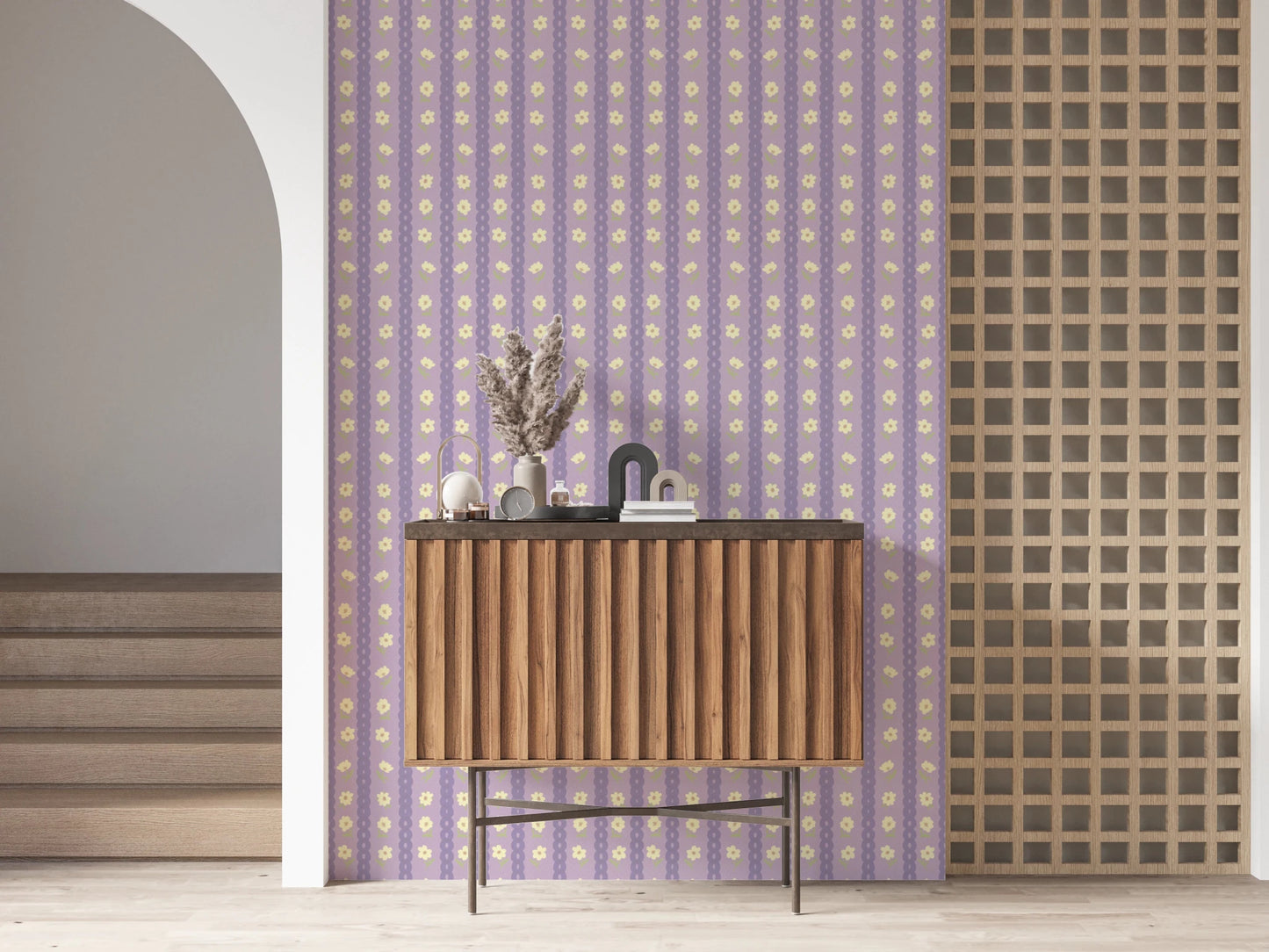 Floral Lavender Stripe wallpaper mural in an entryway behind a fluted walnut console with dried pampas grass