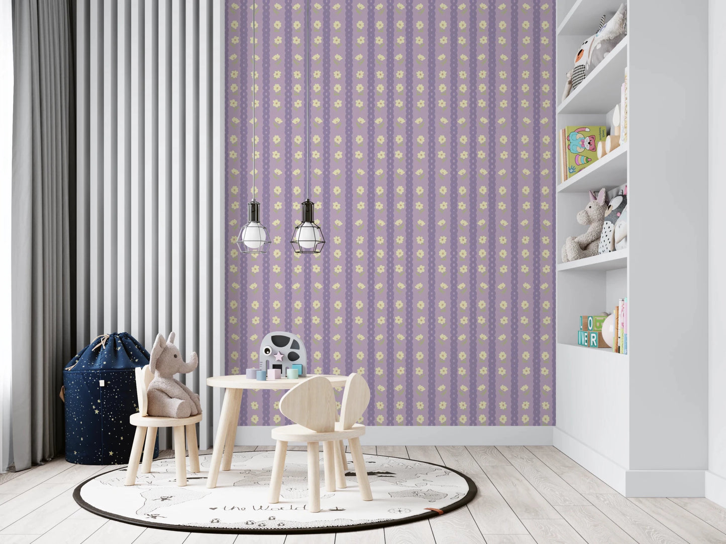 Floral Lavender Stripe wallpaper mural in a kids playroom with wood table and rhino plush, lavender daisy stripes