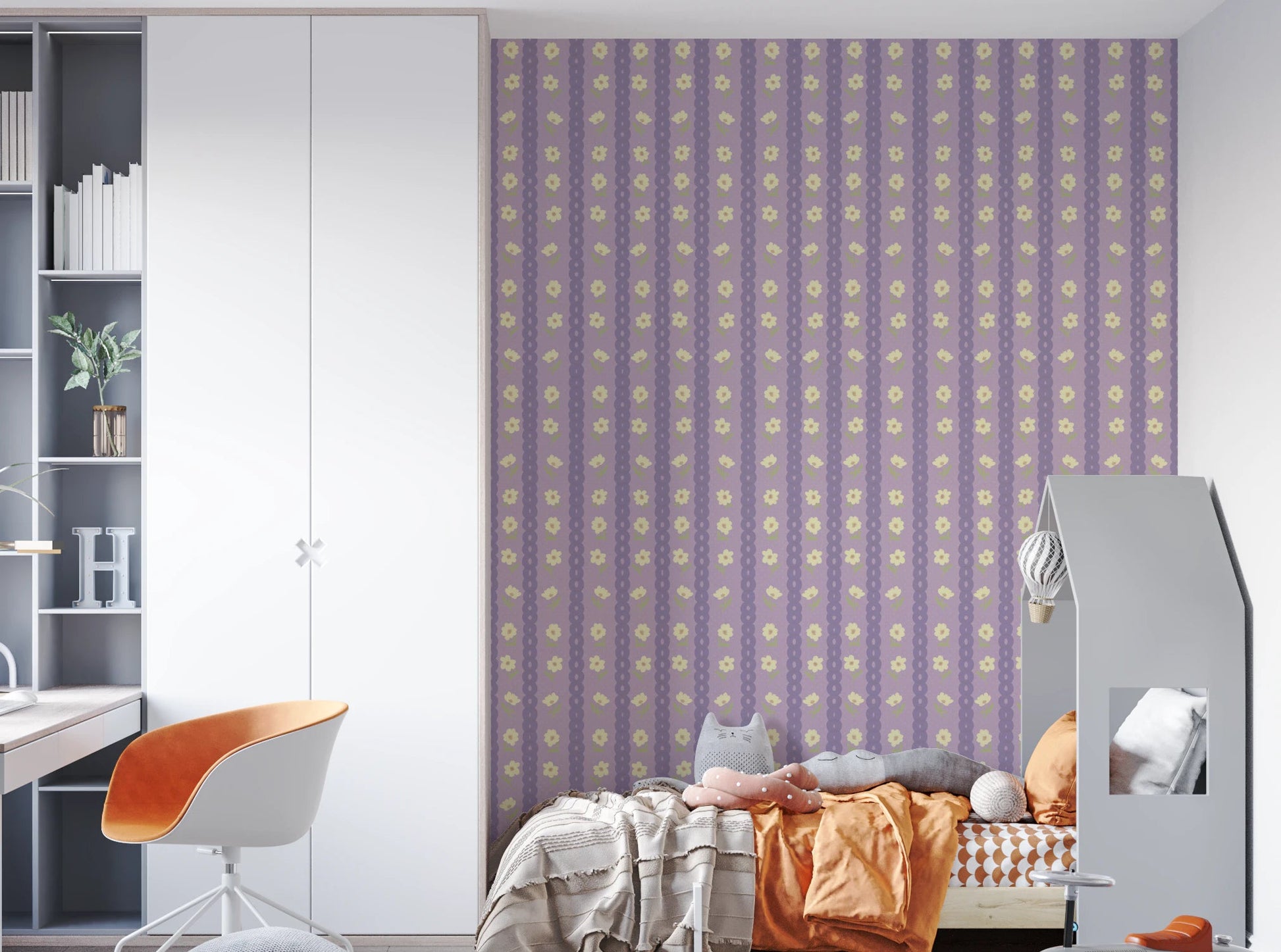 Floral Lavender Stripe wallpaper mural in a kids bedroom with white wardrobe and orange chair, lavender stripes