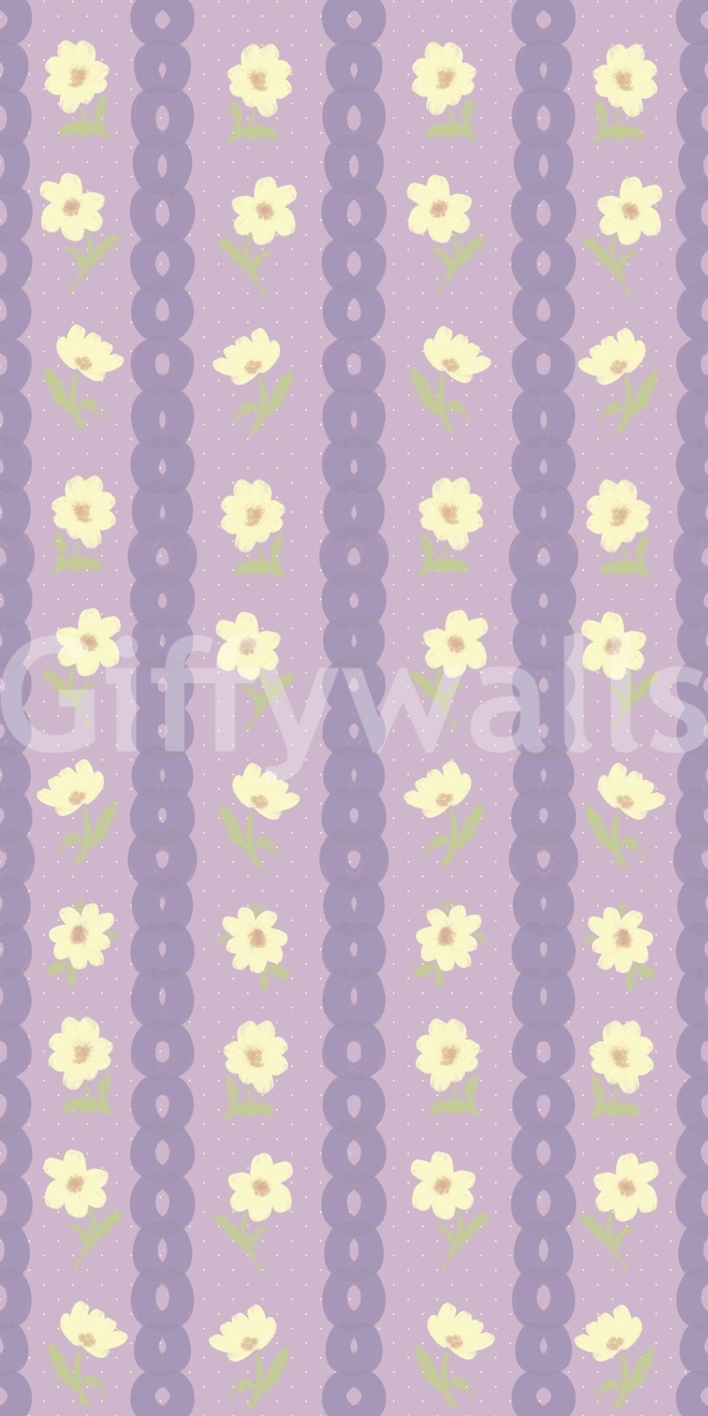 Floral Lavender Stripe wallpaper close-up showing cream daisies on lavender scalloped stripes