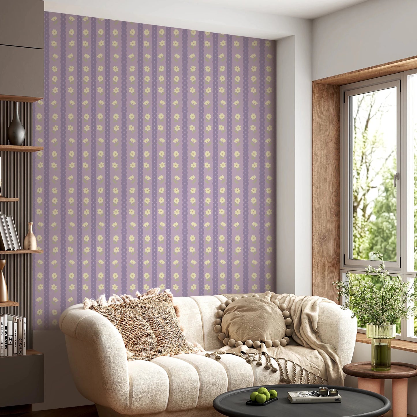 Floral Lavender Stripe wallpaper mural in a living room behind a cream scalloped sofa with pompom cushions