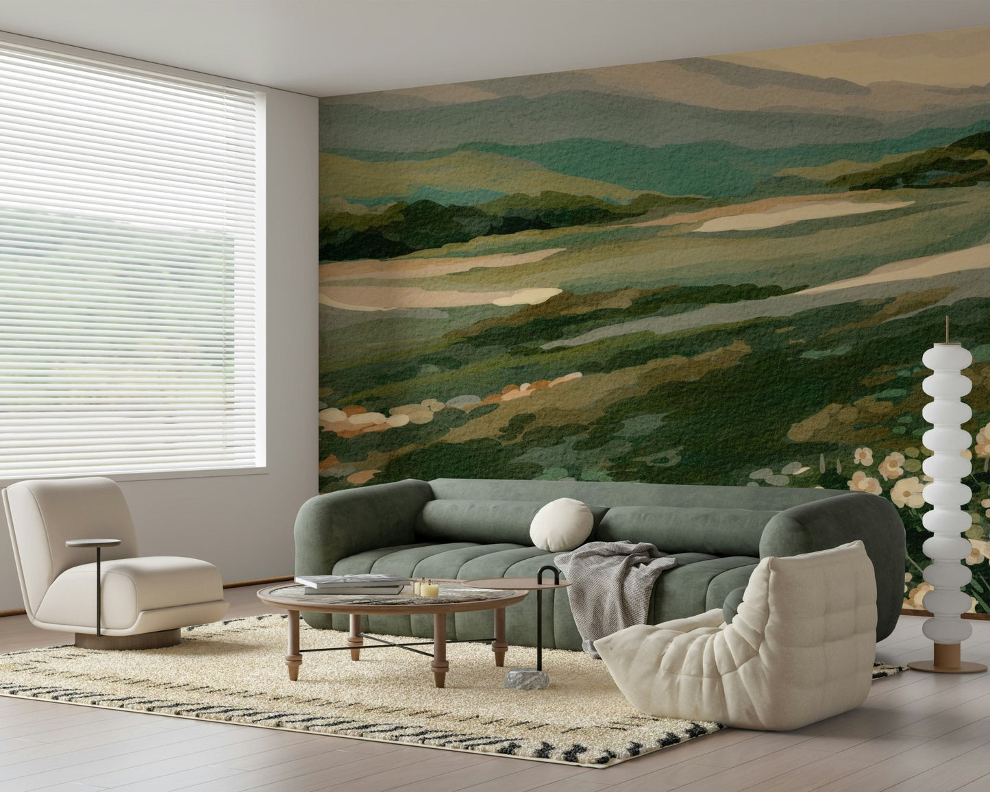 Artistic living room wallpaper showcasing broad landscapes and tiny wildflower details.