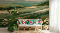 Vintage green mountain wall covering accentuating soft meadow flowers and painting textures.