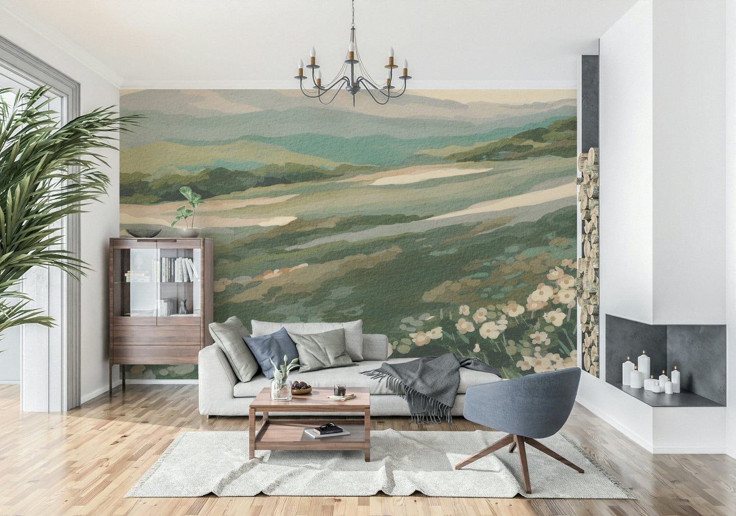 Calm countryside mural wallpaper with Floral Meadow Vista design suitable for bedroom decor.