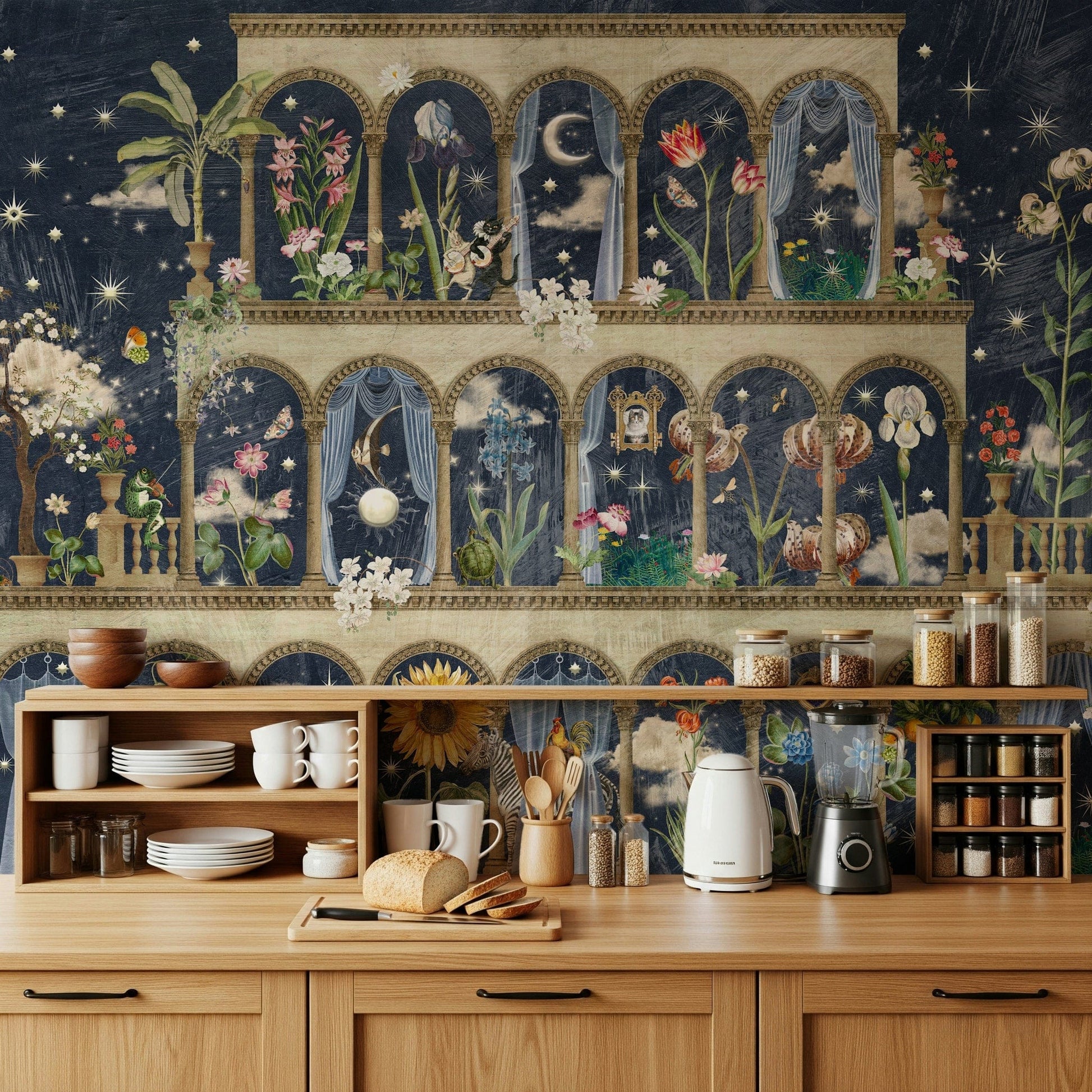 Blue night garden mural behind sofa, modern home styling with botanical florals