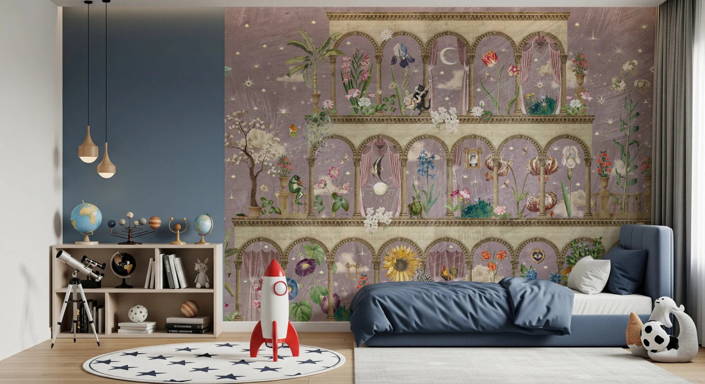 Floral Nightscape Garden on Pink Wall Mural