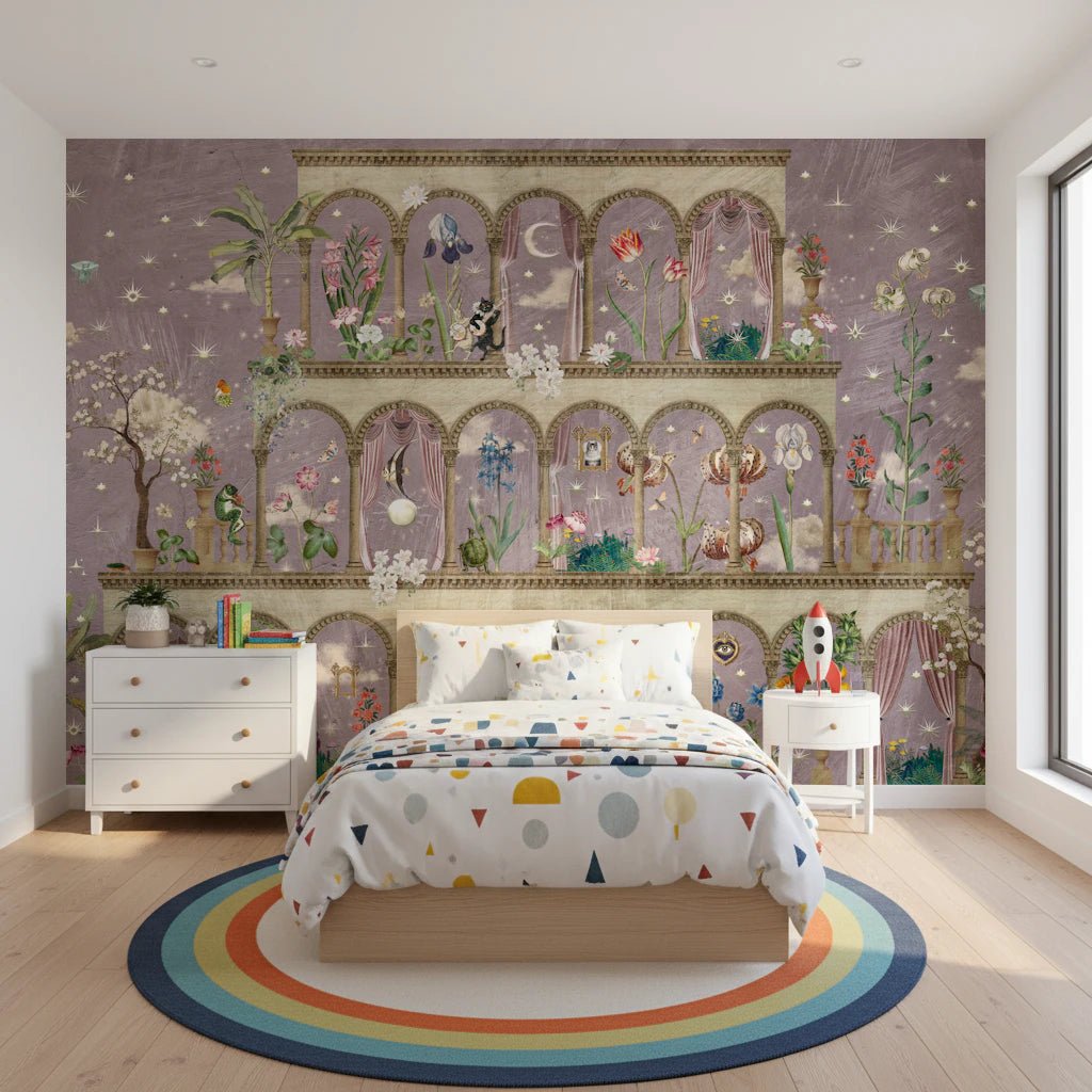 Floral Nightscape Garden on Pink Wall Mural