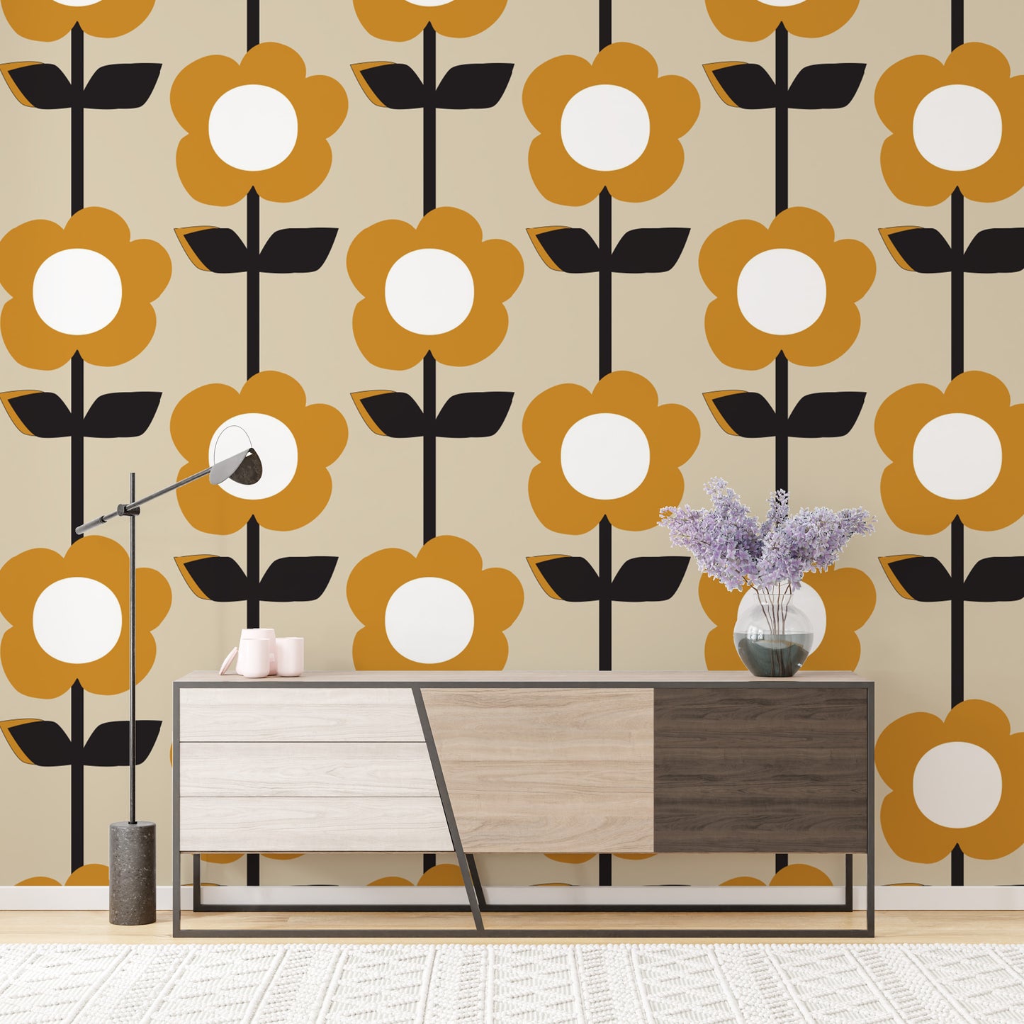 Floral Pearl Yellow Color Retro wallpaper of mustard daisies on beige behind a wooden sideboard with a lavender vase