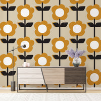 Floral Pearl Yellow Color Retro wallpaper of mustard daisies on beige behind a wooden sideboard with a lavender vase