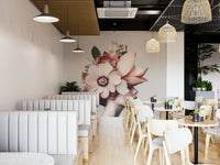 A close-up wall mural of a single or a few large flowers.
