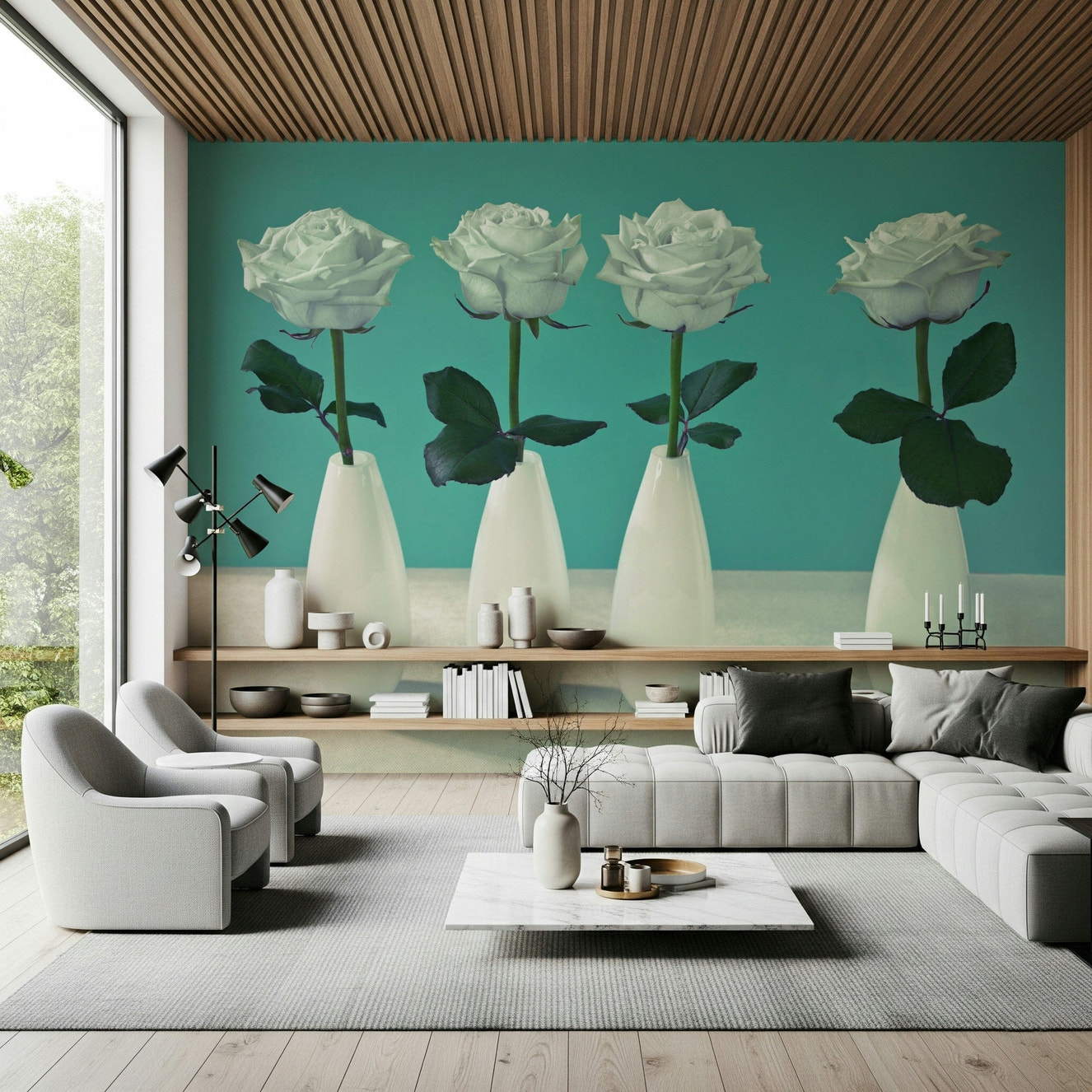 White roses wall mural in modern vases