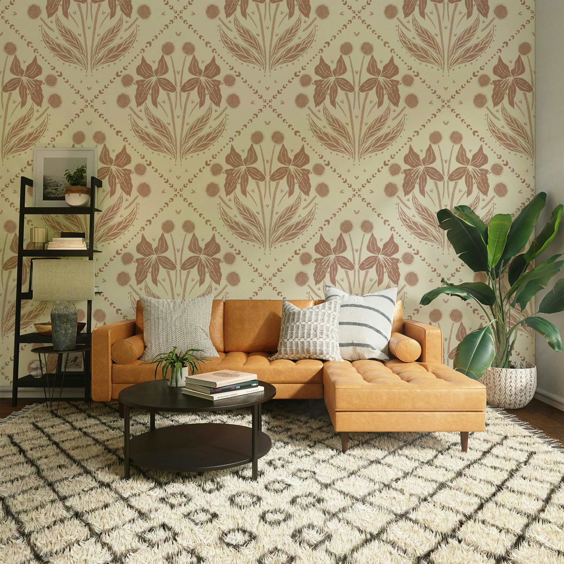 Warm floral design on terracotta wallpaper for a cozy space

