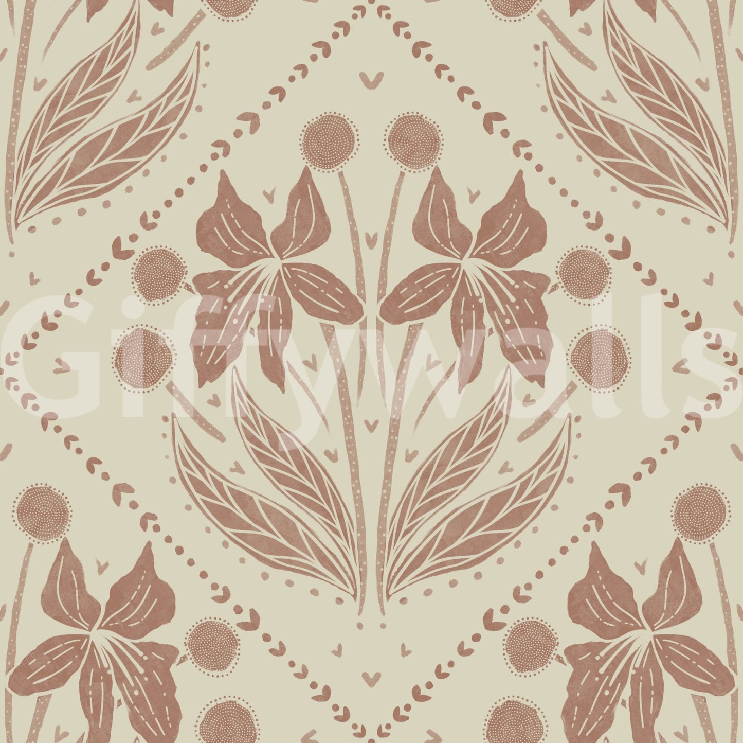 Beautiful floral design on terracotta wallpaper for a warm look

