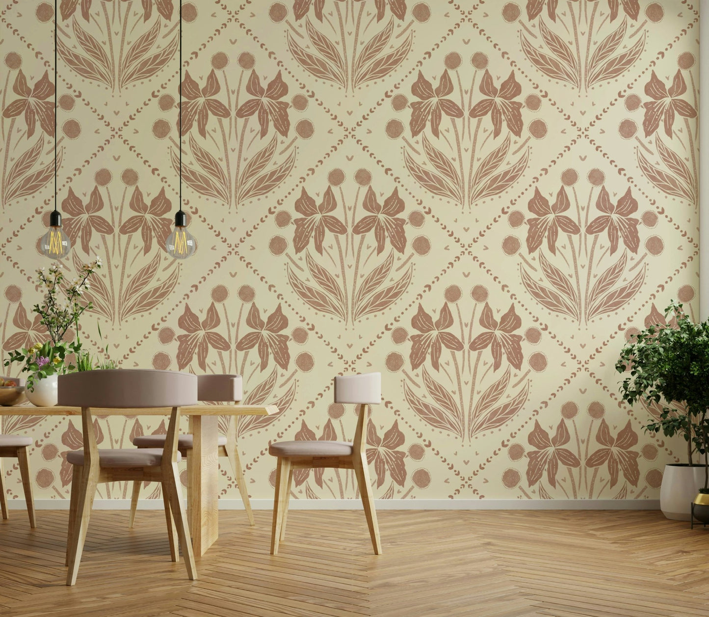 Floral Reverie wallpaper with soft flowers on terracotta base

