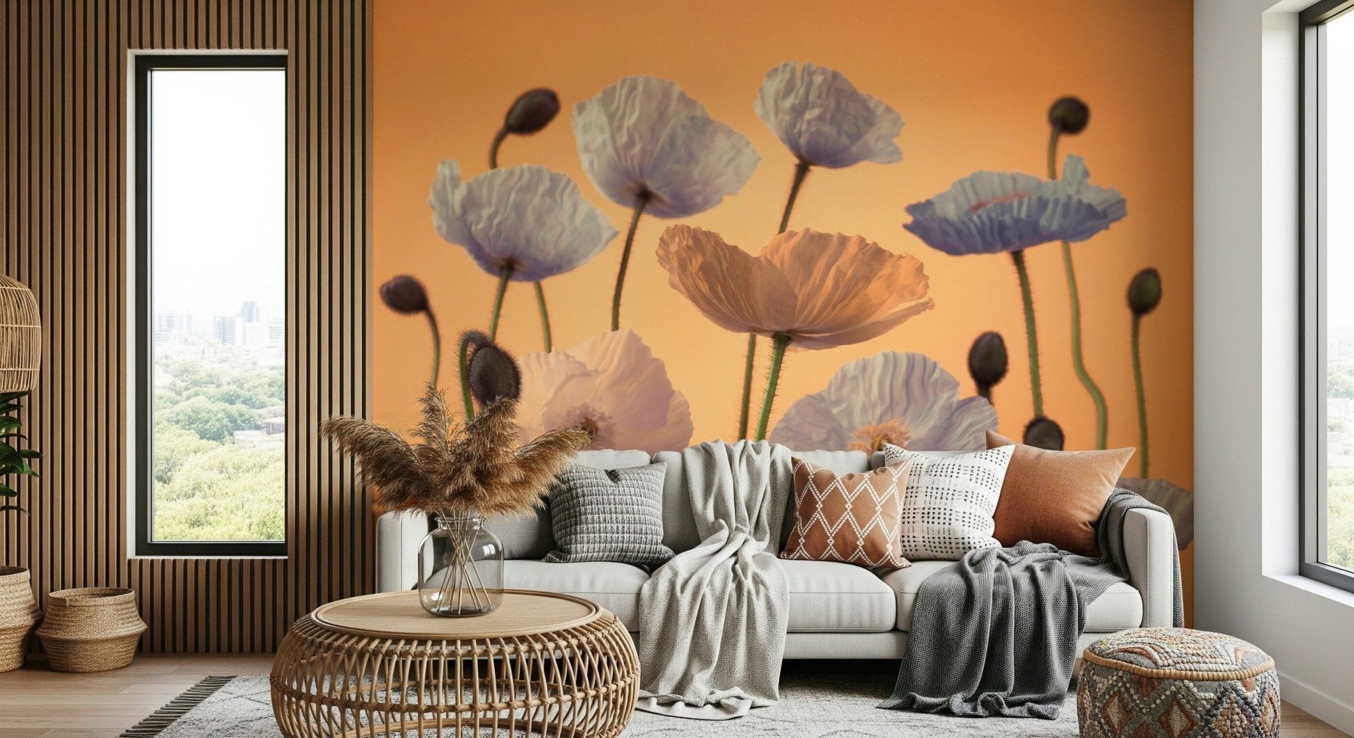 Floral mural wallpaper for bedroom wall, layered petals and modern floral style