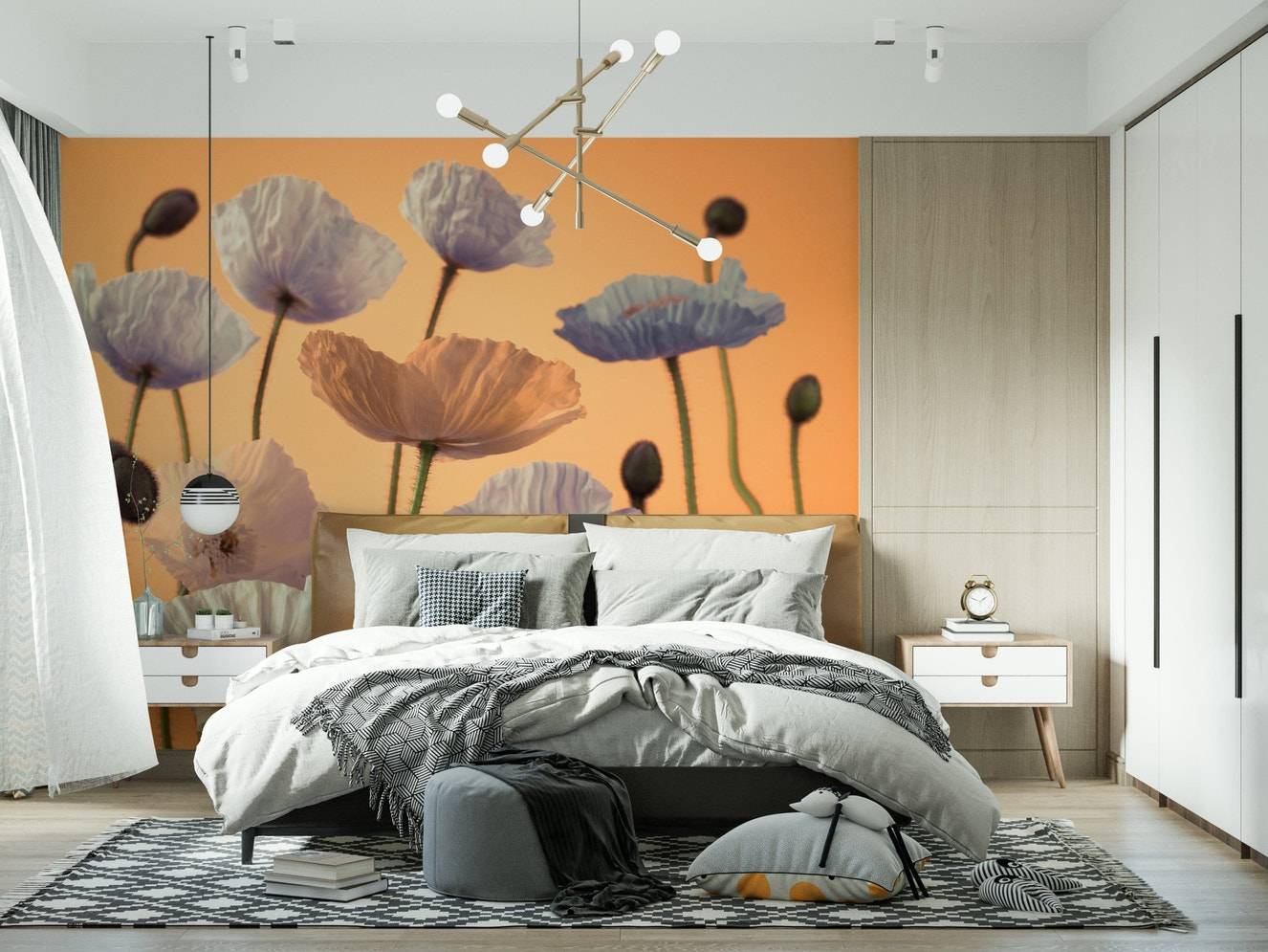 Floral Spectacle Wall Mural in modern living room, bold blooms and soft color accents